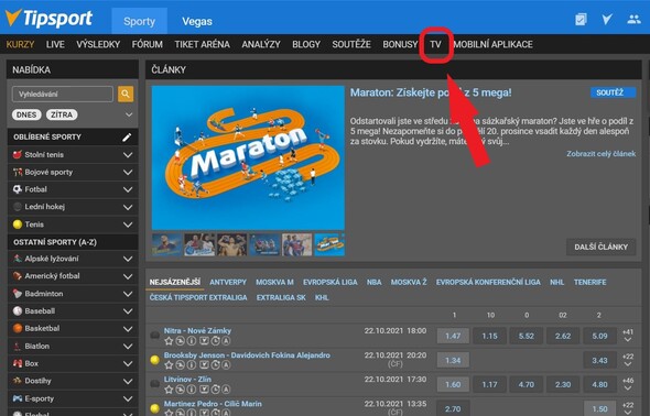Přes pole TV v horní liště se dostaneš přímo do nabídky aktuálních livestreamů
