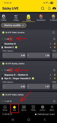 Fortuna TV a live streamy na tenis - mobilní aplikace