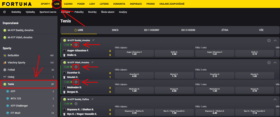 Fortuna TV a live streamy na tenis - PC verze, desktop