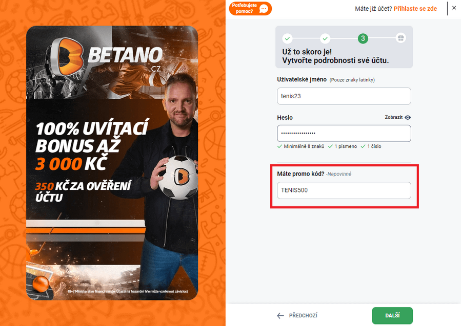 Betano promo kód TENIS500, volná sázka na tenis