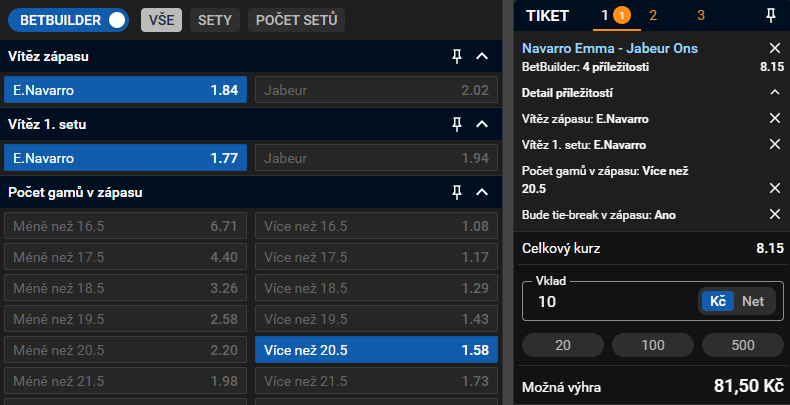 Tenisový BetBuilder u Tipsportu - příklad