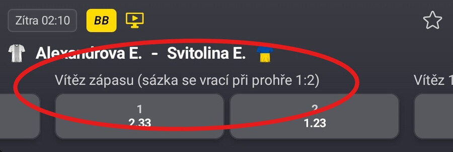 Tenisová pojistka je v&nbsp;nabídce označena Vítěz zápasu (sázka se vrací při prohře 1:2)